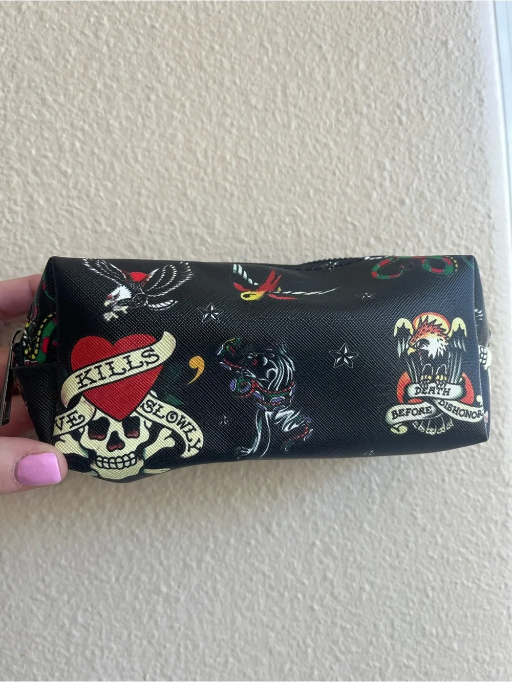 Ed Hardy 4 Piece Cosmetic Bag Set Leopard Red Heart Tattoo Skull